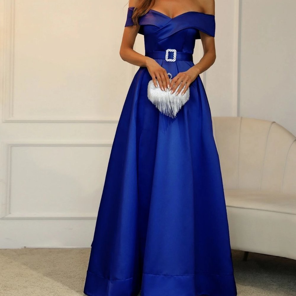 Blue Boho Womens Off Shoulder Boxy Pleated Split Thigh Prom Dress - Picture 5 of 5